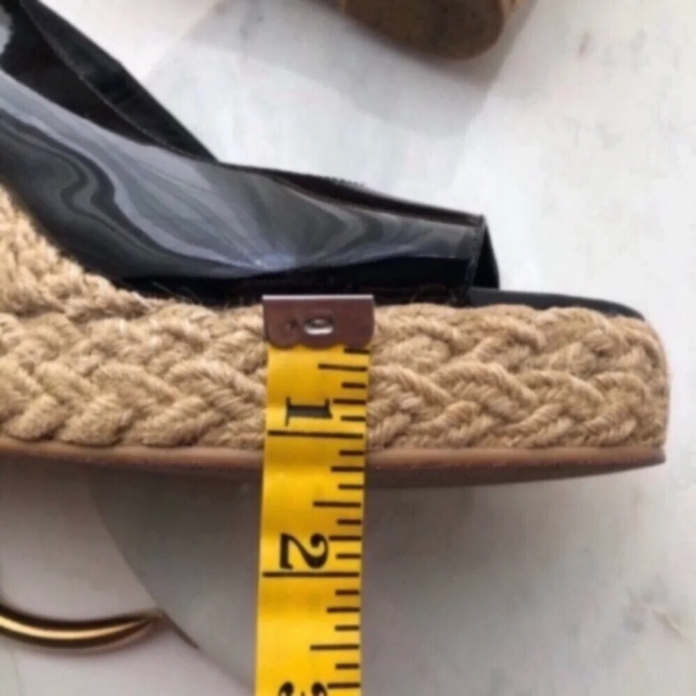 STUART WEITZMAN Island Espadrille Black Patent Leather Platform Slingback Wedges